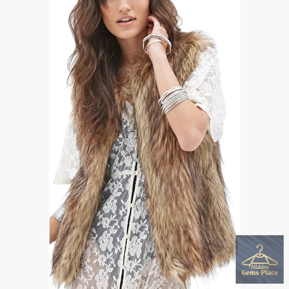 Faux Fur Vest Women's Winter Warm Sleeveless Loose Fit with Pockets